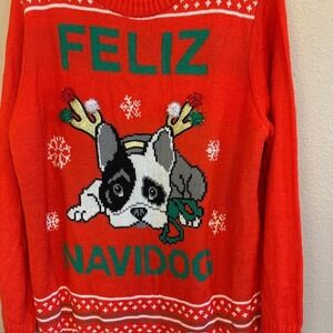 Feliz‎ Navidog Women's Ugly Christmas Sweater 1X French Bulldog Red w/ scarf